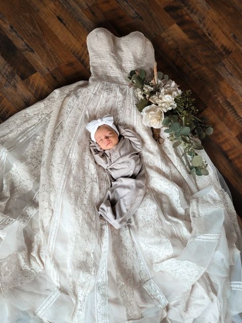 Boho cute babygirl wedding photography simple elegant newborn Newborn Photo Wedding Dress, Newborn Photography With Wedding Dress, Newborn With Wedding Dress, Wedding Dress Newborn Pictures, Newborn Wedding Dress Pictures, Baby In Wedding Dress, Newborn Video, Newborn Girl Dresses, First Baby Pictures