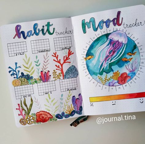 Beach Bujo, Ocean Theme Journal Ideas, Journal Art Ideas, Beach Bullet Journal, Art Journal Ocean Theme, August Bujo, Bullet Journal Beach Theme, Ocean Bullet Journal, June Theme Bullet Journal