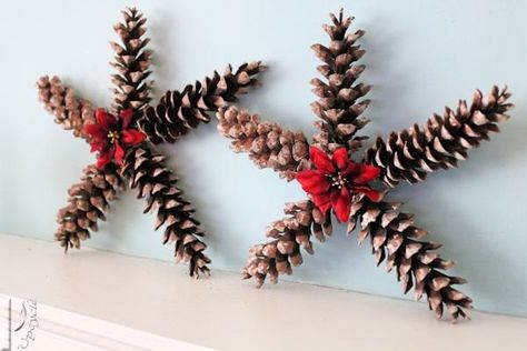 I crafted a couple of adorable Christmas Star decorations using pine cones.   I’ll show you just how easy this pine cone craft comes together by a simple hot gl… Painted Pinecones, Holiday Diy Projects, Pine Cone Art, Cone Crafts, Christmas Pine Cones, Diy Pinecone, Christmas Star Decorations, Homemade Christmas Decorations, Pine Cone Decorations