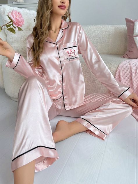 Color Block Trim Collar Open Front Pocket Embroidered Faux Silk Pajama Set Dusty Pink     Cartoon,Letter Pant Sets Non-Stretch All Women Sleep & Lounge, size features are:Bust: ,Length: ,Sleeve Length: Pink Silk Pajamas, Silk Pajama, Silk Pajama Set, Pant Sets, Pink Collar, Pink Collars, Silk Pajamas, Pink Silk, Color Rosa