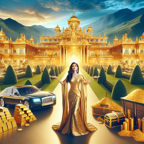 Bask in the splendor of a golden palace, nestled amid lush gardens, under a radiant blue sky. A wealthy man, swathed in luxury, proudly displays his opulence—gold bars, treasure chests, luxury cars. Experience prosperity like never before. Abundance awaits! #WealthManifestation #Luxury #Opulence #Prosperity #GoldenPalace #Abundance. Discover more about wealth manifestations [Here](insert link). Wealth Prosperity Abundance, Real Estate Vision Board, Vision Board Poster, Abundance Images, Wealthy Man, Golden Palace, Treasure Chests, Lucky Wallpaper, Money Vision Board