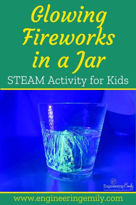 In this amazing experiement you can see "glowing fireworks" inside your cup or jar! To wow your kids with science, all you need is turmeric, isoproply alcohol, and a blacklight. Check out the blog post for the step-by-step guide and all the science behind this spectacular experiment!   #glowingscience #glowexperiment #stemathome #scienceexperiment #stemforkids #scienceforkids #stayathomemom #fireworks #glowing #scienceisfun #scienceismagic #blacklight Fireworks In A Jar, Fun Family Photos, Family Schedule, Science Projects For Kids, Steam Activities, Stem For Kids, Family Photo Album, Preschool Activity, Western Theme