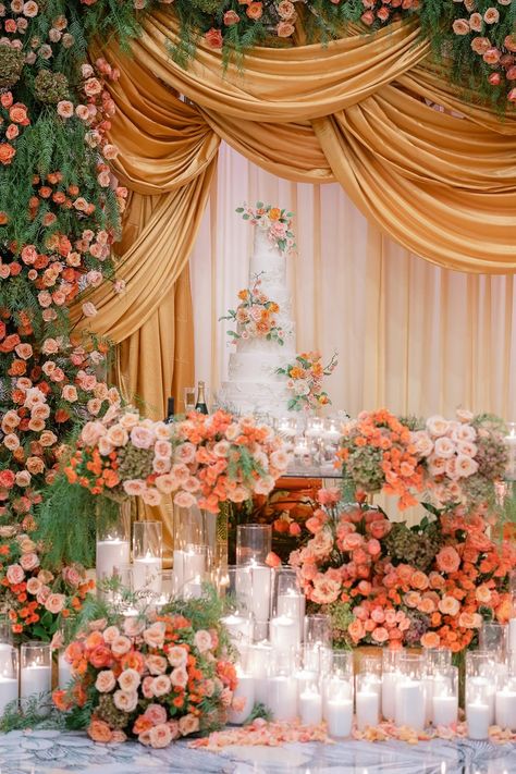 Event Design Tips: Making Colors Pop at an Orange, Peach & Apricot Wedding | Eddie Zaratsian Lifestyle & Design Apricot Color Palette, Peach Gold Wedding, Salmon Wedding, Peach Wedding Theme, Peach Wedding Decorations, Apricot Wedding, Making Colors, Engagement Themes, Altar Flowers