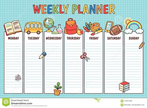 Illustration about Weekly planner for elementary school. Cute template with cartoon school objects and symbols on blue background. Illustration of children, ribbon, pupil - 120421865 Weekly School Planner, School Time Table, School Weekly Planner, School Planner Template, Kids Weekly Planner, Weekly Template, School Objects, Planner For Kids, Cute Template