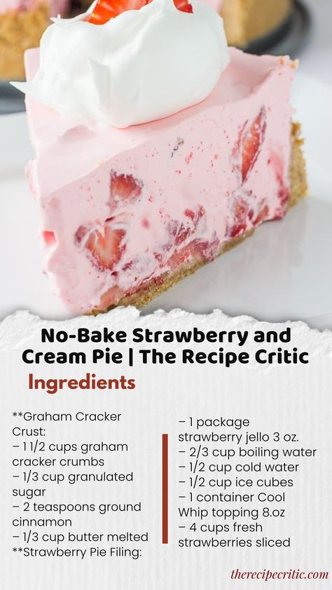 No-Bake Strawberry and Cream Pie is an easy to make pie with smooth and luxurious strawberry filling packed into a sweet homemade crust.  It is a delicious no-bake pie recipe that's perfect for summer! Strawberry Pie Recipe Easy No Jello, Strawberry And Cream Pie, Stawberry Pie, Strawberry Shortcake Pie, Strawberry Pie With Jello, Jello Pudding Pie, Strawberry Icebox Pie, No Bake Strawberry Pie, Strawberry Jello Dessert