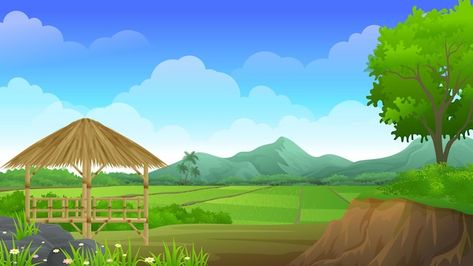 Vector bamboo gazebo beside stretch of p... | Premium Vector #Freepik #vector #paddy-field #rice-paddy #rice-field #countryside Rice Field Drawing, Bamboo Gazebo, Pokemon Towns, Beautiful Nature Landscape, Camping Illustration, Paddy Field, Rice Paddy, Rice Field, Landscape Mountain