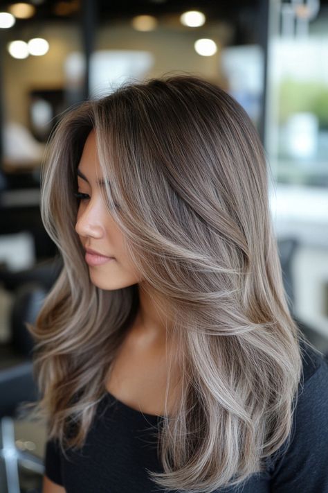 25 Ashy Light Brown Hair Trends That'll Make You Swoon Light Brown Natural Highlights, Hair Dye Ideas Two Tone, Ash Brown Ash Blonde Balayage, Ash Beige Highlights On Brown Hair, Ashy Burnett, Milky Brown Highlights, Light Gray Hair Color Ash Brown, Mushroom Blonde Highlights On Brown Hair, Cool Toned Lived In Brunette