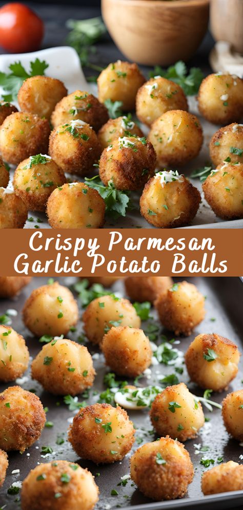 Crispy Parmesan Garlic Potato Balls | Cheff Recipes Italian Potato Balls, Thanksgiving Potato Appetizers, Mash Potato Bites, Garlic Parm Potato Cheese Balls, Air Fried Potato Balls, Mini Potato Bites, How To Make Potato Balls, German Potato Balls, Fun Mashed Potatoes Recipe