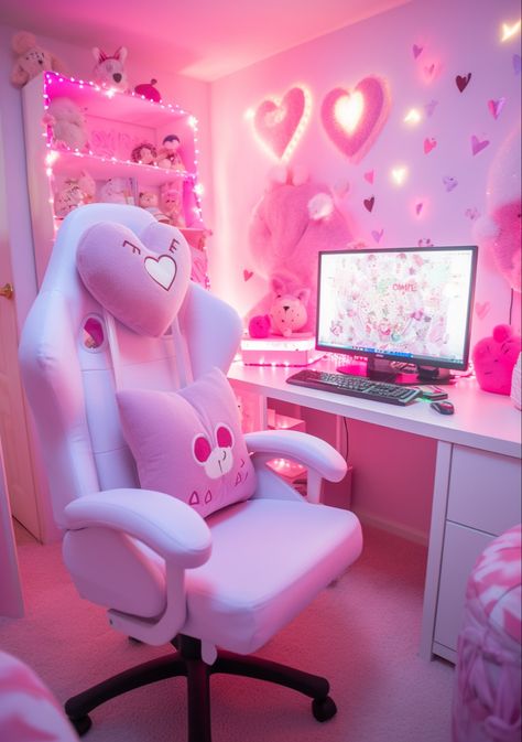 Hello Kitty Setup, Pink Gaming Setup, Gaming Bedroom Ideas, Kawaii Room Ideas, Gaming Bedroom, Small Game Rooms, Pink Games, Gamer Room Decor, Cute Wall Decor