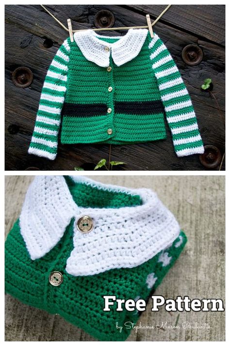 Santa's Little Helper Baby Sweater Free Crochet Pattern Sweater Crochet Patterns, Sweater Pattern Free, Crochet Elf, Baby Elf, Crochet Baby Sweater Pattern, Elf Sweater, Crochet Baby Sweaters, Holiday Clothing, Crochet Santa