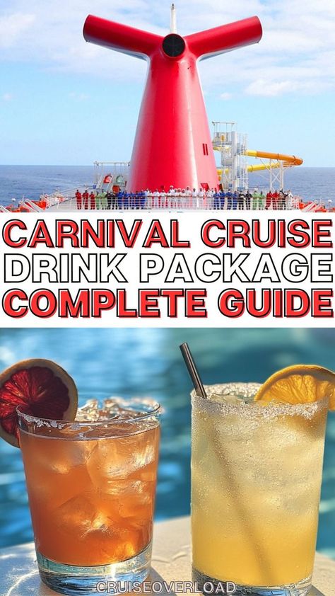 drinks on the deck of a cruise ship with text overlay reading drink package guide carnival cruise line Carnival Cruise Secrets, Carnival Drink Package, Carnival Conquest Cruise, Carnival Elation Cruise, Carnival Valor Cruise, Carnival Cruise Food, Cruise Drinks, Carnival Elation, Carnival Cruise Tips