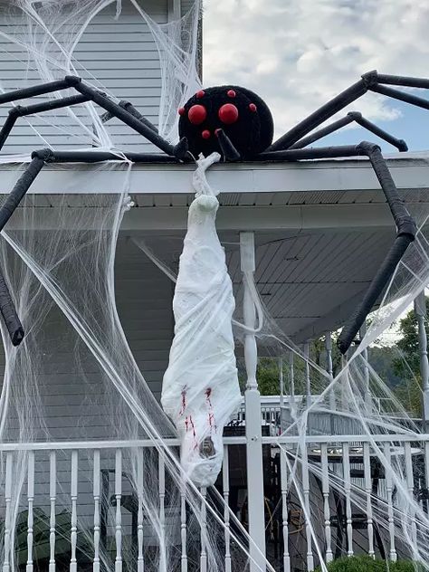 Body Halloween Decor, Diy Halloween Hanging Corpse, Spider Victim Halloween, Diy Body Wrapped In Spider Web, Halloween Decorations Outdoor 2023, Outside Halloween Spider Decorations, Halloween Special Effects Decorations, Outside House Halloween Decor, Scary Spider Halloween Decorations