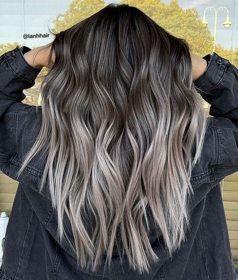 30 Top Balayage on Black Hair Ideas for 2022 - Hair Adviser Icy Blonde Highlights On Dark Hair, Black Grey Hair, Blonde Highlights On Black Hair, Grey Hair Color Ideas, Balayage On Black Hair, Black Hair Ideas, Ashy Blonde Balayage, Icy Blonde Balayage, Ash Balayage