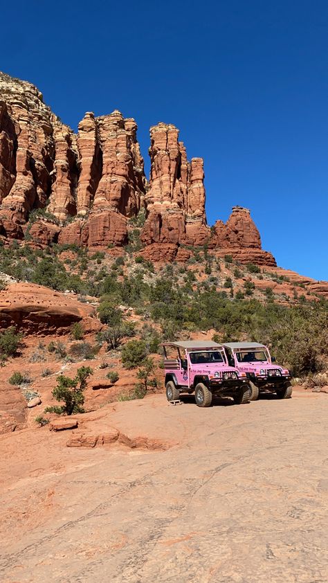 Sedona. Arizona. Pink jeep tours. Safari. Canyons. Landscape. Arizona aesthetic. Sedona tours. Summer Aesthetic Arizona, Sedona Instagram Pictures, Scottsdale Arizona Aesthetic, Sedona Arizona Aesthetic, Sedona Aesthetic, Arizona Spring Break, Argyle Aesthetic, Arizona Cowgirl, Sedona Pink Jeep Tours