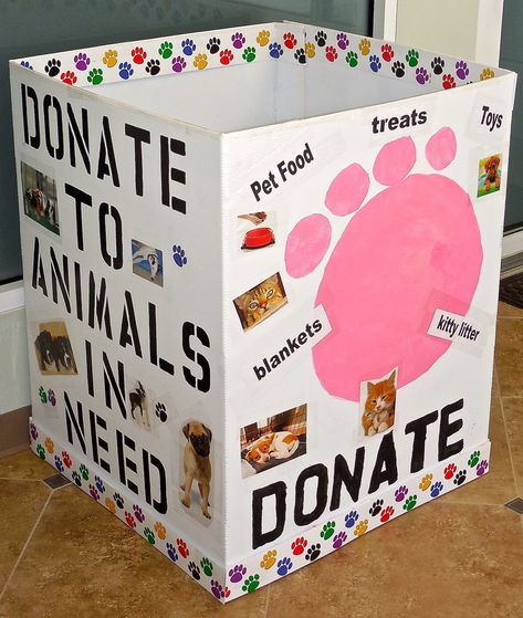 CREATIVE VOLUNTEER, MADDY, DID A FANTASTIC JOB DECORATING A PET SUPPLY DONATION BOX... | Cinnaminson, NJ Patch Donation Box Ideas, Animal Shelter Donations, Animal Shelter Fundraiser, Dog Fundraiser, Toy Donation, Pet Event, Donation Box, Food Donation, Dog Business