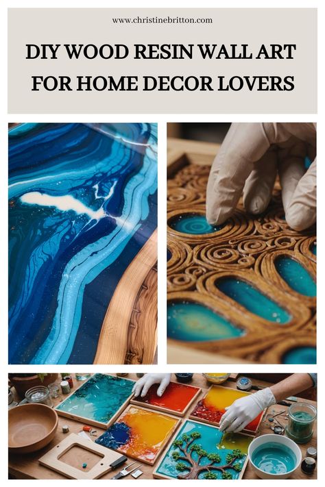 DIY tutorials showcasing intricate wood resin wall art with blue and teal designs. Epoxy Resin Wall, Types Of Colours, Epoxy Resin Wood, Resin Wall Art, Wood Resin, Crafts Beautiful, Fluid Art, Handmade Wooden, Resin Crafts