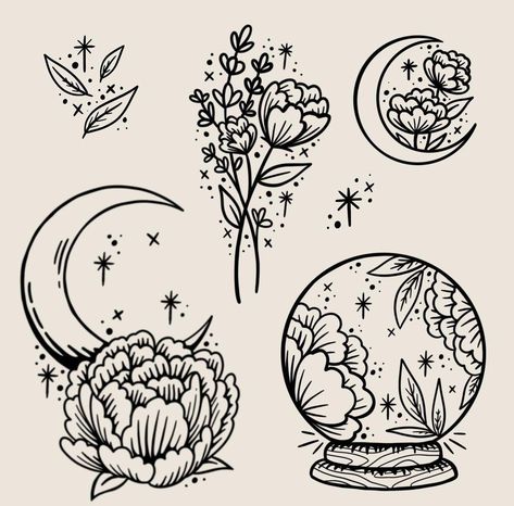 Spiritual Tattoo Flash Sheet, Small Simple Flash Tattoo, Mystical Flower Tattoo, Witchy Designs Simple, Floral Witchy Tattoos, Cute Witchy Drawings, Spring Flash Tattoo, Witchy Doodles Simple, Witchy Flower Tattoo