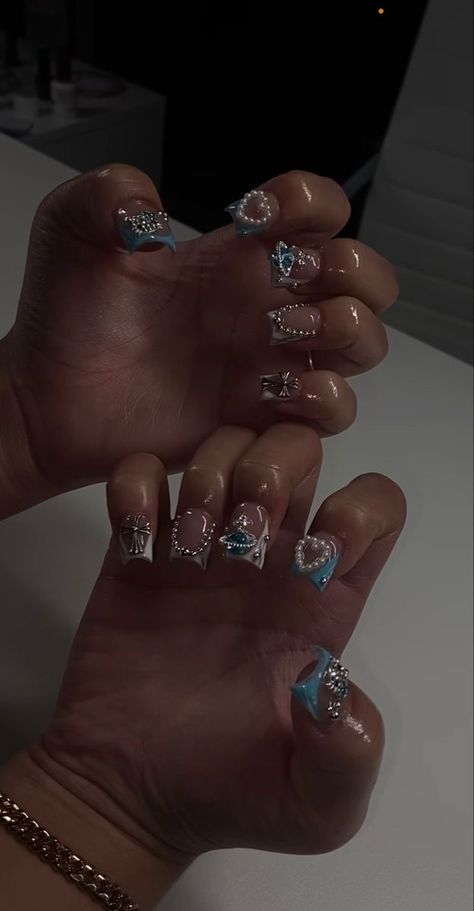 Short Bling Set Nails, Short Nail Rhinestone Design, Plain Nails With Gems, Nails With Charms Short, Medium Junk Nails, Nail With Charms, Horrible Nails, Blue Birthday Nails, Blue Butterfly Nails