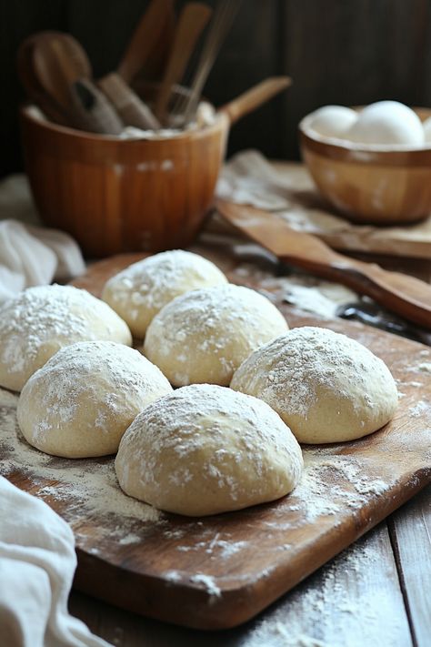 Six pieces of dough dusted with flour on a wooden board, ready for baking. King Arthur Gluten Free Pizza Dough Recipe, Gluten Free Pizza Dough Bobs Red Mill, Diy Gluten Free Pizza Dough, Best Gluten Free Pizza Dough Recipe, Gluten Free Pizza Dough No Yeast, Whole Foods Pizza Dough Recipe, Pizza Dough Recipe Gluten Free, Gluten Free Pizza Dough Easy, Gluten Free Breakfast Pizza Recipe