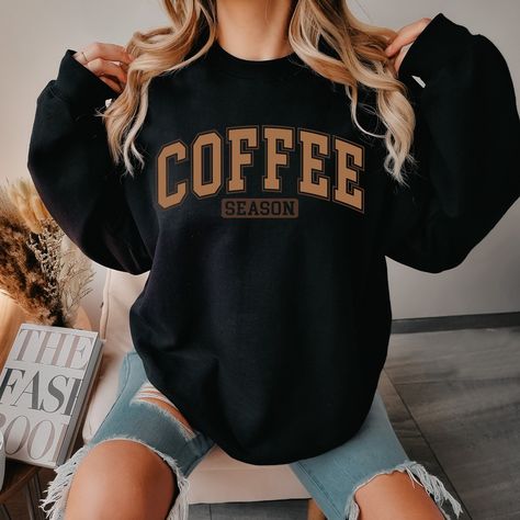 Coffee Shop Shirt Ideas, Coffee Graphic Tee With Crew Neck, Casual Coffee Sweatshirt For Winter, Crewnecks For Women, Coffee Crew Neck Sweatshirt For Winter, Crew Neck Sweatshirt Outfit, Fall Coffee Cotton Sweatshirt, Fall Style Casual, Coffee Crewneck