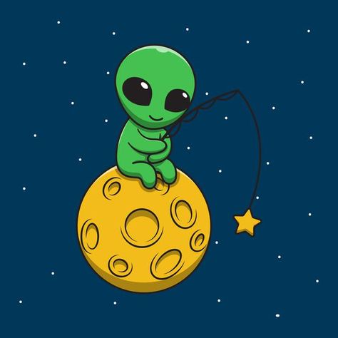 Moon Cartoon, Cute Alien, Cartoon Illustration, Aliens, Premium Vector, Fishing, Moon, Stars