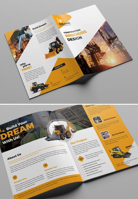 Construction Bifold Brochure 1 Page Brochure Design, Construction Company Brochure Design, Construction Brochure Design, Creative Brochure Layout, Construction Magazine, Construction Brochure, Bifold Brochure Design, Brochure Design Ideas, Presentation Folder Design