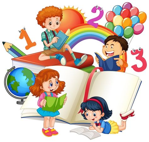 Four children are reading books on a sta... | Premium Vector #Freepik #vector #people-clipart #cartoon-girl #cartoon-svg #girl-clipart Tree Cartoon Images, Kids Clipart Free, Kindergarten Clipart, Name Activities Preschool, Fall Leaf Template, A Stack Of Books, Teachers Day Card, Kids Reading Books, School Cartoon