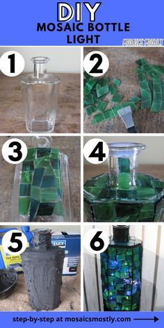 Mosaic Wine Bottles, Recycled Glass Mosaic, Mosaic Bottles Ideas, Mosaic Vases Ideas, Beginner Mosaic Projects, Glass On Glass Mosaic Ideas, Easy Mosaic Patterns For Beginners, Easy Mosaic Projects For Beginners, Mosaics For Beginners