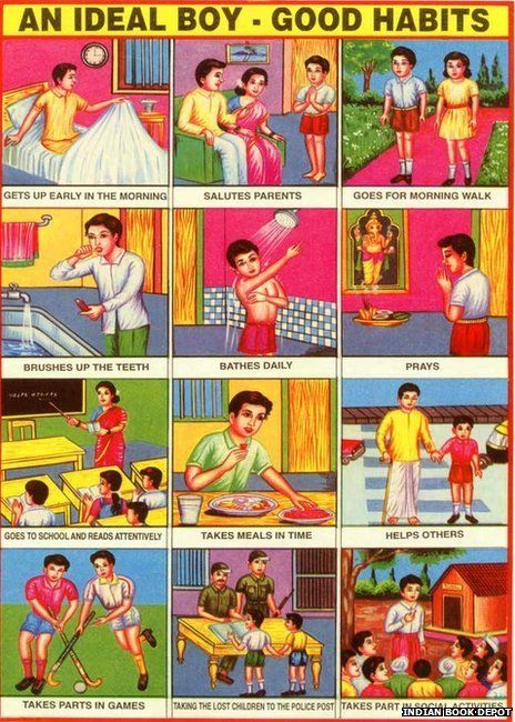 A genuine poster showing the activities that an 'ideal boy' would carry out. Good Habits For Kids, Preschool Charts, Indian Freedom Fighters, Learn Hindi, Safety Posters, India Culture, Charts For Kids, School Posters, Getting Up Early