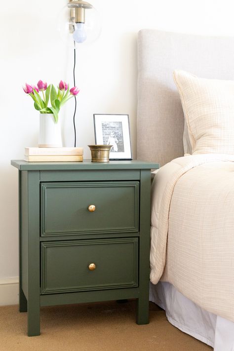 Ikea Hemnes Nightstand, Ikea Decor Hacks, Hemnes Nightstand, Bedside Table Ikea, Ikea Hack Bedroom, Ikea Nightstand, Green Nightstands, Brick Porch, Painting Ikea Furniture