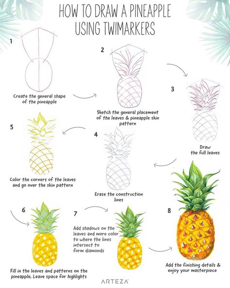 Pineapple Sketch, Pineapple Drawing, Pineapple Painting, Pineapple Illustration, Color Wheel Art, Diy Pineapple, Action Poses Drawing, Pineapple Water, Pencil Drawings For Beginners