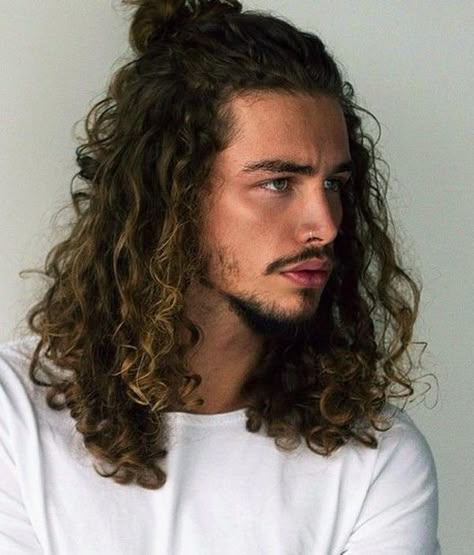 Man Bun Curly Hair, Long Curly Hair Men, Man Bun Hairstyles, Hair Replacement Systems, Men's Long Hairstyles, Corte De Cabelo Masculino, Hair Replacement, Curly Hair Men, Long Straight Hair