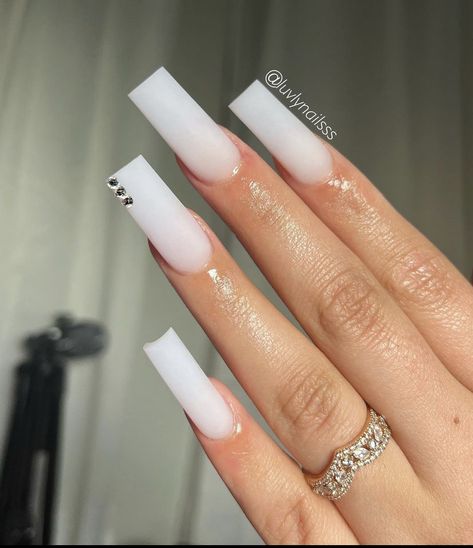 White On White Acrylic Nails, Plain White Nails With Rhinestones, Small Rhinestone Nails Designs, All White Nail Designs, White Medium Length Nails, Soft White Nails Acrylic With Design, Off White Nails Acrylic, Matte White Acrylic Nails, Plain Nails With Gems