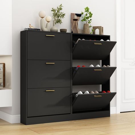 PRICES MAY VARY. 👟Entryway Slim Shoe Cabinet: Are you still worried about too many shoes piling up by the door? This shoe cabinet is a good choice for you. Our entryway shoe storage makes your space looks magnificently cleaner, clearer and nicer. And it easily goes with any type of home style. Perfect for a narrow entry hall, dorm room, or small apartment. 👞Spacious Storage Space: This shoe cabinet for entryway offers three flip drawers and a shelf on the top, giving you ample room to store sh Shoe Cabinet Small Entryway, Bedroom Shoe Storage Ideas, Hidden Shoe Storage Entryway, Shoe Rack Cabinet Design, Hidden Shoe Storage, Narrow Shoe Storage, Storage For Entryway, Slim Shoe Cabinet, Hallway Shoe Storage