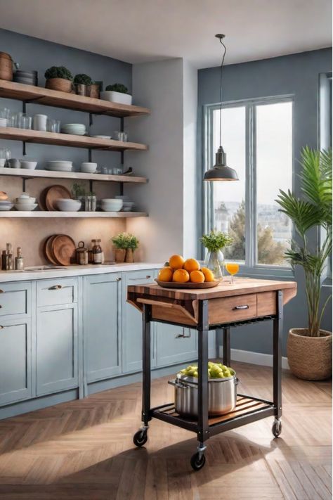 Charming kitchen cart with butcher block in rental kitchen Butcher Block Kitchen Cart, Rolling Kitchen Cart, Prep Table, Butcher Block Kitchen, Butcher Block Top, Rental Kitchen, Diy Backsplash, Apartment Chic, Kitchen Decor Apartment