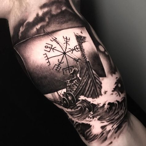 Viking Norse Mythology, Vikings Ship Tattoo, Norse Ship Tattoo, Viking Ship Tattoo Design, Norse Sleeve, Barco Viking, Viking Ship Tattoo, Valhalla Tattoo, Sailing Tattoo