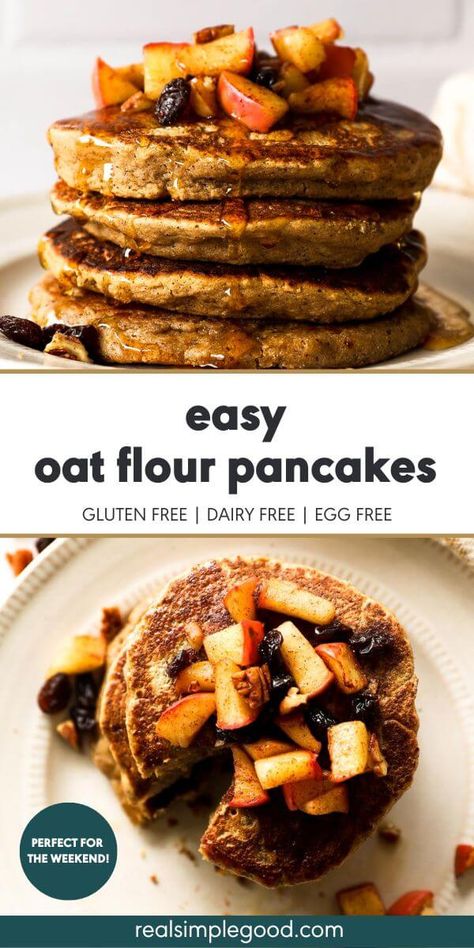 Thick & Fluffy Oat Flour Pancakes (Egg-Free) Oatmeal Flour Pancakes, Oat Flour Muffins, Applesauce Pancakes, Egg Free Pancakes, Oat Flour Pancakes, Oatmeal Flour, Oat Flour Recipes, Oats Recipes Breakfast, Gluten Free Blueberry Muffins