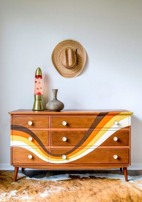 70s Dresser Painted, Two Color Dresser Makeover, Eclectic Bedroom Dresser, Two Toned Dresser Painted, 70s Furniture Dressers, Eclectic Dresser Makeover, 70s Bedroom Furniture Makeover, Retro Painted Dresser, Fun Painted Dresser