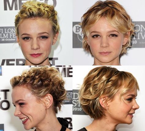 Last night, the beautiful Carey Mulligan attended the premiere of her newest movie Never Let Me Go alongside co-star Keira Knightley with her hair pinned back Carey Mulligan Hair, Carrie Mulligan, Hair Pinned Back, Short Hairstyles 2015, Popular Short Hairstyles, Cute Curly Hairstyles, Carey Mulligan, Haircuts For Wavy Hair, Short Pixie Haircuts