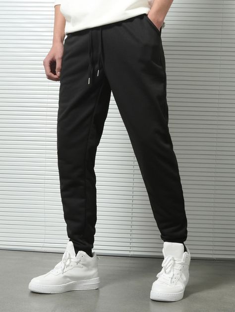 Black  Collar  Polyester Plain  Embellished Slight Stretch All Men Bottoms Jogger Pants Outfit For Men, Simple Sweatpants Outfit, Black Joggers Outfit Men, Black Sweatpants Outfit Men, David Core, Black Sweatpants Men, Sweatpants Outfit Men, Sweat Pants For Men, Joggers Men Outfit