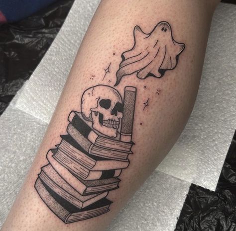 Skeleton Holding Book Tattoo, Stacked Book Tattoo, Ghost Reading Book Tattoo, Skulduggery Pleasant Tattoo, Spooky Elbow Tattoo, Spooky Book Tattoo, Bookcase Tattoo, Dark Romance Book Tattoo Ideas, Ghost Reading A Book Tattoo