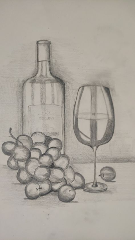 Still Life Drawing 3 Objects, Basic Still Life Drawing, 3 Objects Drawing, Still Life Drawing For Beginners Easy, Easy Still Life Drawing, Grape Drawing, Still Life Sketch, Fruit Art Drawings, Ladybug Art