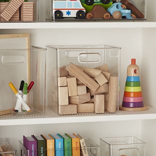 Linus Cube Bins with Handles Clear Storage Bins, Clear Bins, Cube Storage Bins, Toy Storage Baskets, Toy Storage Organization, Integrated Handles, The Home Edit, Plastic Storage Bins, The Container Store