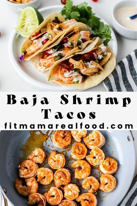 Meet your next taco night fav – the Baja Shrimp Tacos. Perfectly seasoned shrimp that cooks up quickly, paired with a simple 3 ingredient baja sauce, plus sweet and delicious diced tomatoes, slaw, crunchy tortilla strips, and toasted tortillas. This meal is ready in under 20 minutes, and everything you need for a flavor bomb meal! Baja Shrimp Tacos Sauces, Healthy Fat Loss Meals, Slaw For Shrimp Tacos, Baja Shrimp, Baja Shrimp Tacos, Healthy Shrimp Tacos, Shrimp Tacos Recipe, Baja Sauce, Spicy Fish Tacos