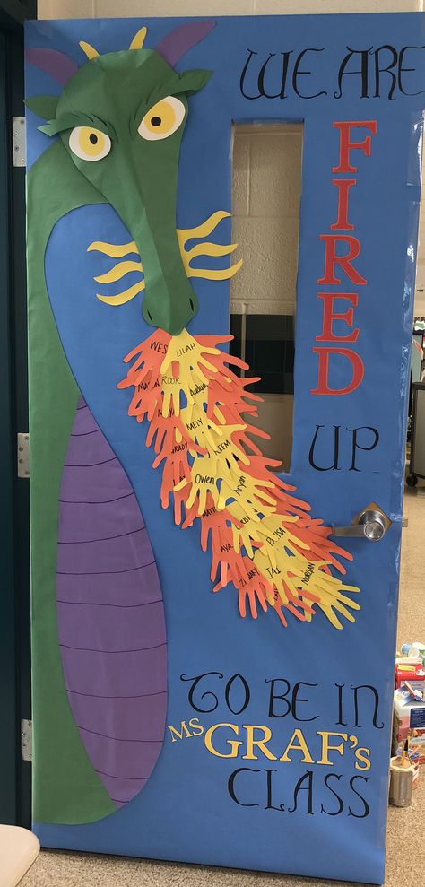 Dragon Teacher Appreciation door. Door decoration. Fired up. Art Room Door, Teacher Appreciation Door, Teacher Door Decorations, Halloween Classroom Door, Teacher Appreciation Doors, Teacher Door, School Door Decorations, Teacher Doors, School Doors