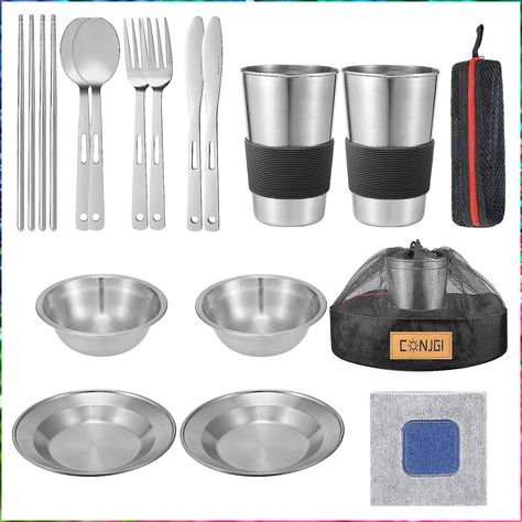 Outdoor Camping Mess Kit - 1 to 2 Persons Camping Dishes Includes Cups, Bowls, Dishes, Knives, Forks, Spoons, Etc, Camping Di Mess Kit Camping, Camping Dinnerware, Camping Utensils, Camping Dishes, Mess Kit, Picnic Essentials, Camping Cups, Stainless Steel Utensils, Plates And Bowls Set