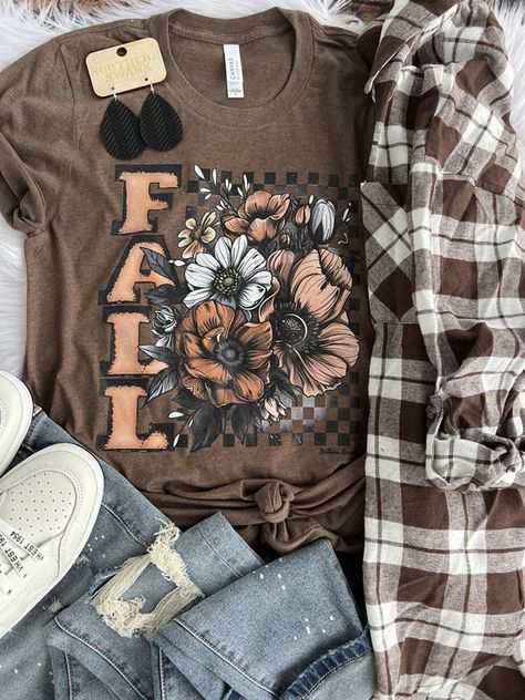 All the fall vibes in this tee printed DTG on Bella Canvas blended tee. Fall 2024 Outfits Women Over 40, Oversized Graphic Tee Outfits, Fall Flannel Outfits, Fall Shirt Ideas, Floral Shirt Outfit, Brown Plaid Flannel, Beautiful Sayings, Play Clothes, Clothing Wishlist