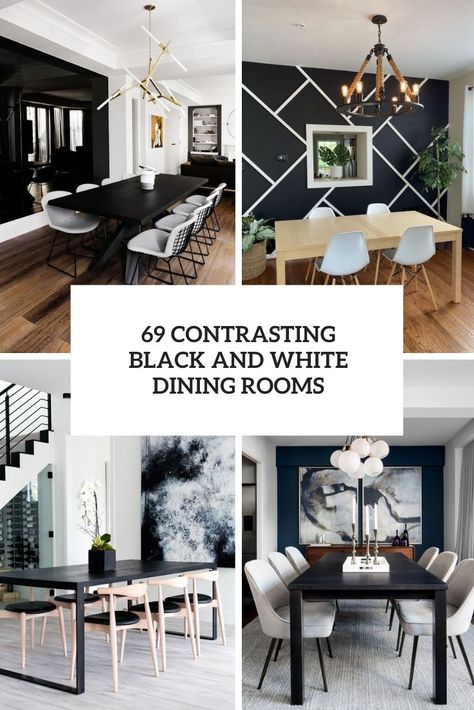 contrasting black and white dining rooms cover Black White Dining Room Decor, Black And Cream Dining Room Decor, Dining Table For Black And White Kitchen, Black And White Breakfast Nook, Black And White Dining Rooms, Black And White Wallpaper Dining Room, Black And White Dining Room Decor Ideas, Black And White Dining Room Decor, Dining Room Black And White