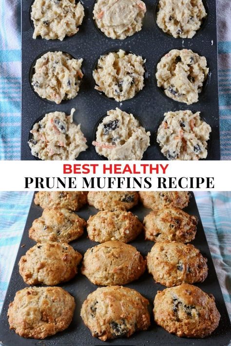 Looking to learn how to make the best healthy banana prune muffins? Our quick & easy healthy breakfast muffins are popular with families feeding picky toddlers. Our popular dried prune recipe features oatmeal, carrot and apple. Prune Muffins Recipes, Recipes Using Dried Prunes, Dried Prunes Recipes, Recipes With Prunes, Poop Muffins, Easy Healthy Breakfast Muffins, Prune Oatmeal, Prune Bread Recipe, Fibre Snacks