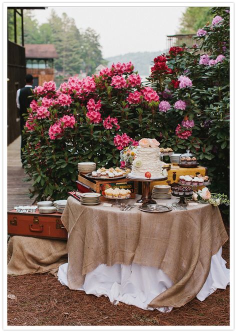 dessert table Round Dessert Table, Rustic Cake Stands, Photos Booth, Wedding Dessert Table, Wedding Dessert, Rustic Cake, Lakeside Wedding, Burlap Wedding, 100 Layer Cake